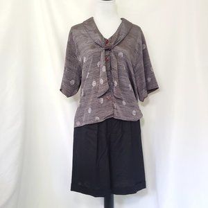 Vintage 80s 90s Groovy Abstract Pattern Brown Damask Tie Neck Blouse